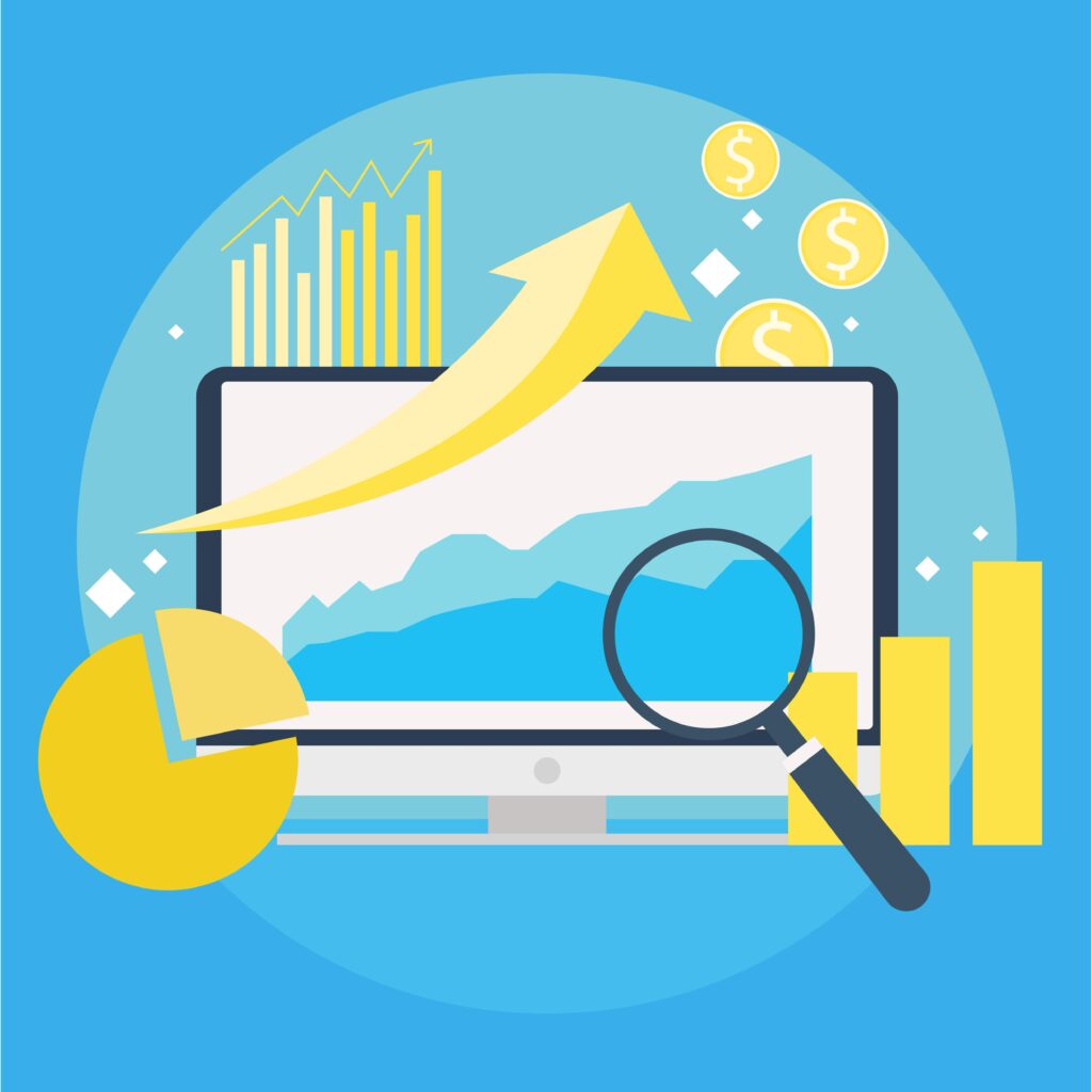 Ilustração com uma tela, uma gráfico em pizza e um em barras, uma lupa e uma seta indicando crescimento